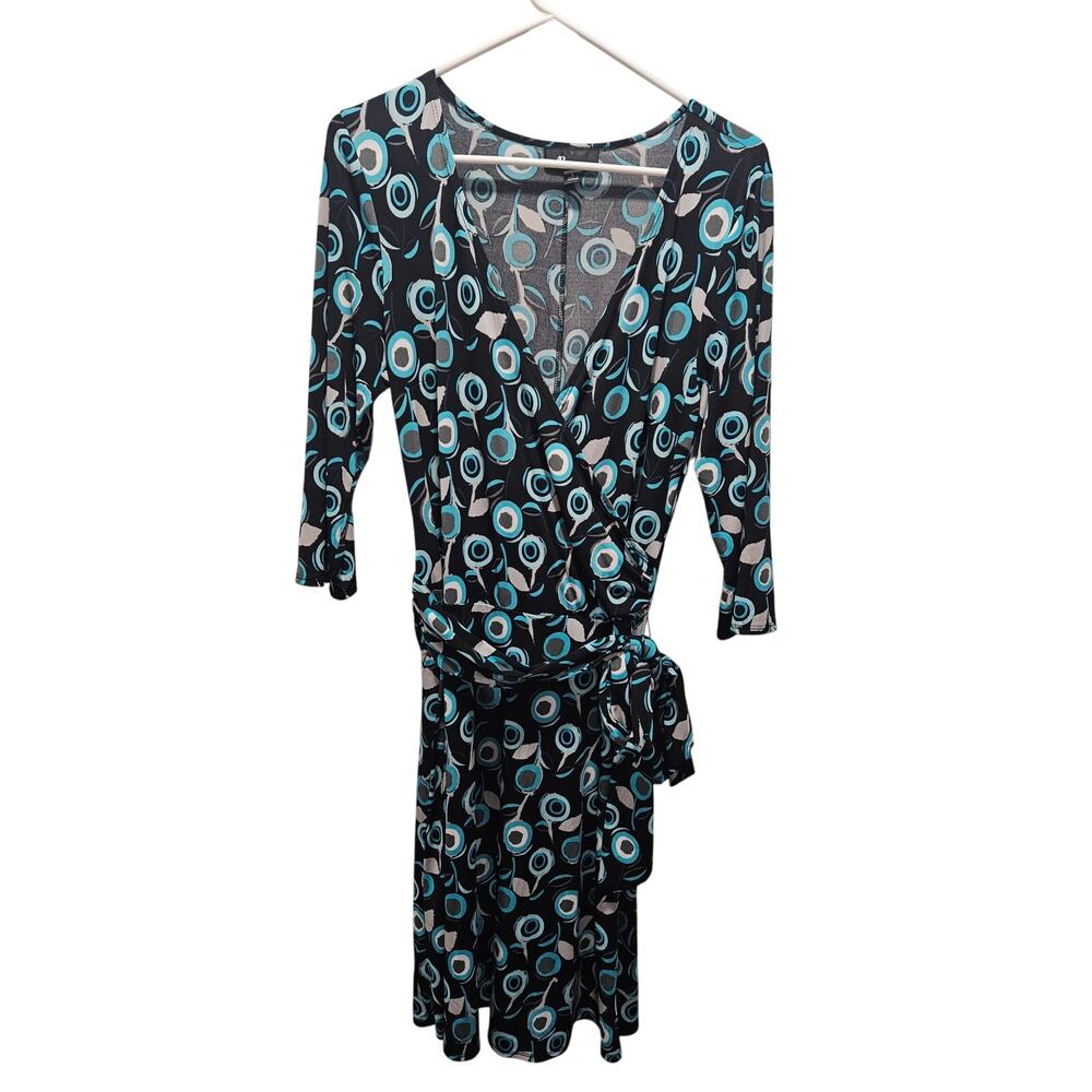 AB Studio Y2K Faux Wrap Dress L Blue Geometric Mod Print Stretch Career